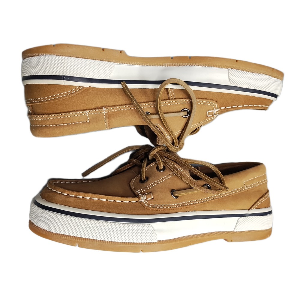 Bass Caymen Boat Shoes Womens 7.5M Brown Leather Contrast Stitching Moc Toe EUC